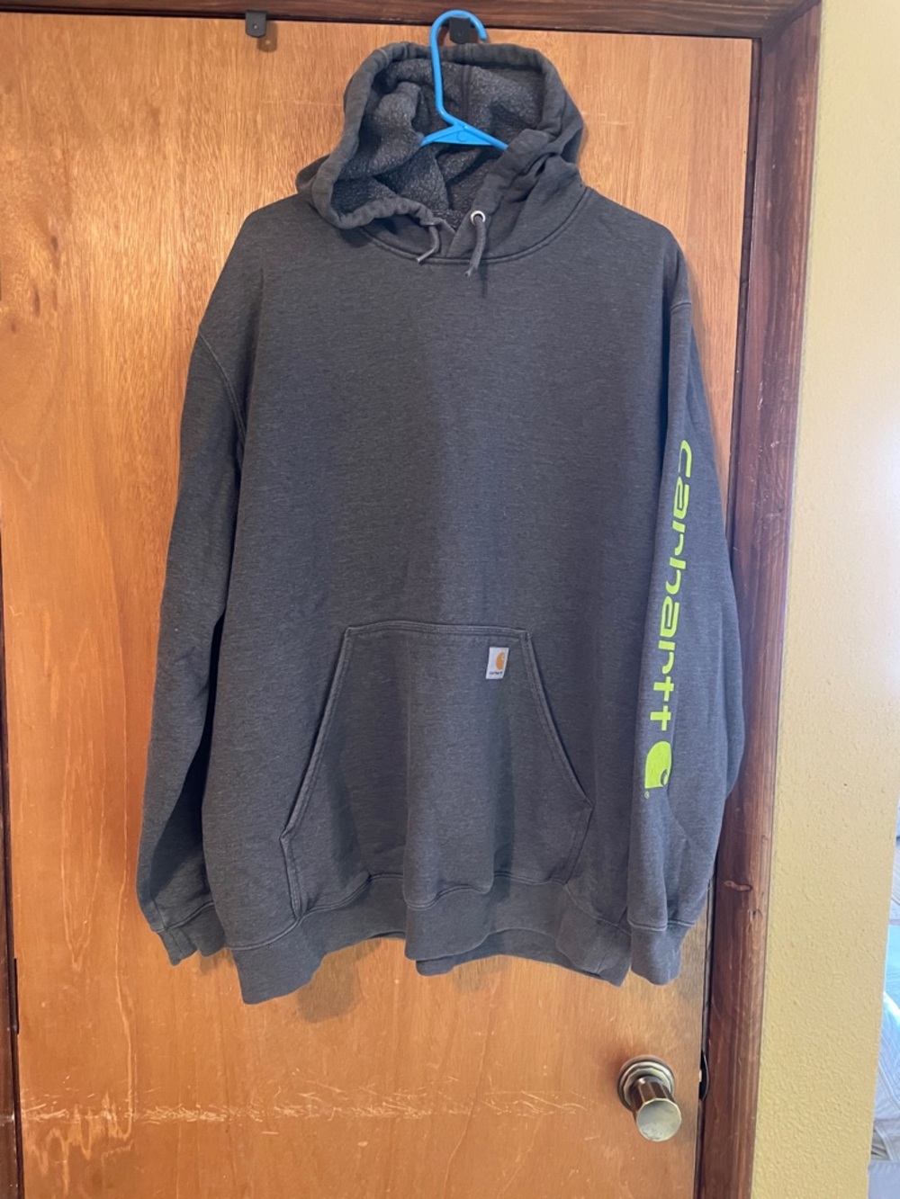 Carhartt Dark Gray Hooded Sweatshirt with Neon Yellow Sleeve Logo